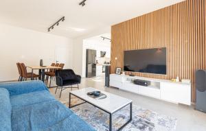 a living room with a blue couch and a tv at Holiday home Iva by Villas Guide in Vrulje