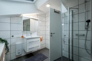 オーバーアウドルフにあるFerienwohnung am Luegsteinseeの洗面台とシャワー付きのバスルーム +9枚の写真