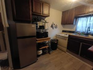 a kitchen with a stainless steel refrigerator and a sink at Cozy Cabin Getaway Close to Town in Gladwin