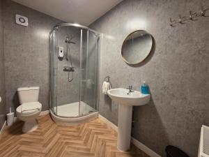 ein Badezimmer mit Dusche, Toilette und Waschbecken in der Unterkunft Modern 5 Bedroom Retreat, With Valley Views, Near Bike Park Wales in Troed-y-rhiw