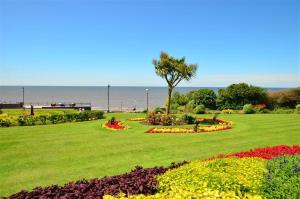 un parc avec des fleurs, un palmier et l'océan dans l'établissement 4 Bed in Snettisham oc-i33650, à Snettisham