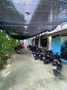 ゼネラル・ルナにあるTres Islas Hostelの建物前に停車する一列の二輪車 +8枚の写真
