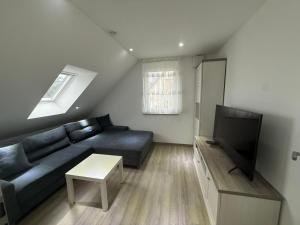 腓特烈港Deluxe Apartment Panoramablick的客厅里有一张蓝色沙发和一台电视