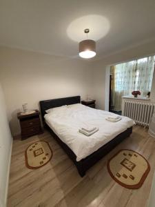 a bedroom with a bed and two rugs on the floor at Elena Apartament in Suceava