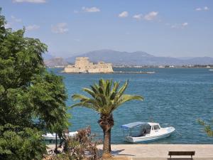a palm tree and a boat in a body of water at IRIA Beach in Iria