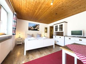 een woonkamer met een bed en een televisie bij Landhaus Steibis - Seelekopf in Steibis