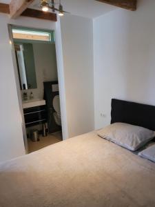 a bedroom with a large bed with a mirror at Prins van Poederoijen in Poederoijen