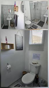 two pictures of a bathroom with a toilet and a shower at Lalapanzi Accommodation in Olifantshoek