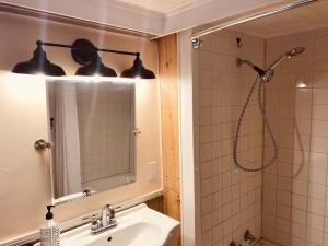 a bathroom with a shower and a sink and a mirror at Historic Home in Harpers Ferry National Park in Harpers Ferry
