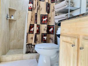 a bathroom with a toilet and a shower curtain at Oak Tree cabin near the Shenandoah River in Oak Hill +15 photos