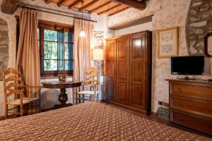 a bedroom with a bed and a table and a television at Fattoria degli Usignoli in San Donato in Fronzano