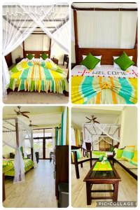 a collage of four pictures of a bedroom at Dinewa Apartment in Aluthgama