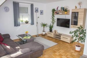 ein Wohnzimmer mit Couch und Flachbildfernseher in der Unterkunft Apartment Tauberblick in Rothenburg ob der Tauber