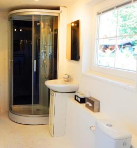 uma casa de banho com um chuveiro, um lavatório e um WC. em Ferienhaus BLACK & WHITE em Bromberg
