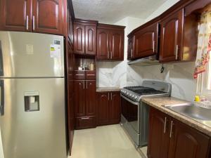 a kitchen with wooden cabinets and a refrigerator at Casa veraniega en samana in Santa Bárbara de Samaná