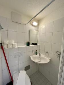 a white bathroom with a toilet and a sink at Witikonstrasse 515 in Zürich