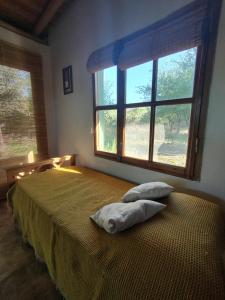 a bedroom with a bed with a large window at Espacio Colibrí in San Francisco del Monte de Oro
