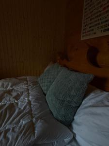 ein ungemachtes Bett mit einem Kissen darauf in der Unterkunft Glamping in a Bungalow Deluxe by the Forest w Swimmingpool near Golf and the Baltic Sea Beach in Järna