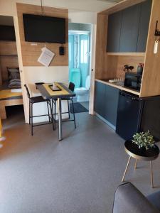 a kitchen and living room with a table and chairs at Tin Men Apartmanház in Tiszafüred