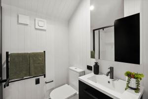 a bathroom with a toilet and a sink and a mirror at Luxury Kaha Villa Queenstown - with parking in Queenstown Airport +11 photos