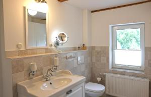 a bathroom with a sink and a toilet and a mirror at Berghaus zum Hirsch in Gehlberg +29 photos