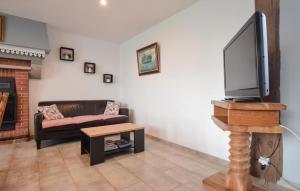 a living room with a couch and a flat screen tv at Charmante Maison Au Calme in Saint-Clément
