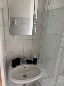 a bathroom with a sink and a mirror at Ferienwohnung P5 in Schmölln