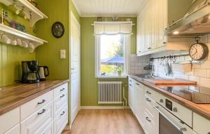 a kitchen with green walls and white cabinets and a window at 2 Bedroom Awesome Home In Åmål in Torpane