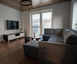 a living room with a couch and a tv at Vila Linet in Poprad