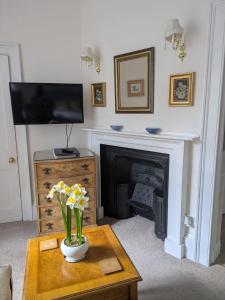 a living room with a fireplace with a vase of flowers on a table at Brocks in Bath