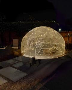 un igloo illuminé dans une rue la nuit dans l'établissement LOVEROOM - Le pavillon des arômes, à Aiserey