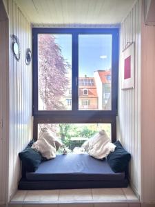 una ventana en una habitación con un colchón delante en Basel City Apartment, en Basilea 17 fotos más