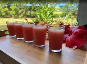 安加罗阿Refugio Rivarahi的桌子上有四杯果汁