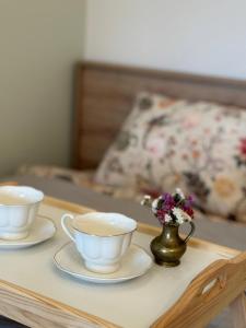 a tray with two tea cups and a vase with flowers at Drinski kej in Zvornik +47 photos