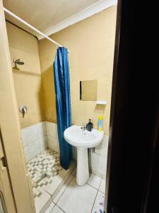 Un baño con un lavabo blanco y una cortina de ducha azul. en Tseleng Guest House, en Vosloorus