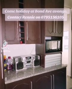 een keuken met een aanrecht met een magnetron en een tv bij Renves's Palace in Margate