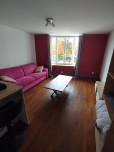 un soggiorno con un divano rosa e un tavolo di Studio cosy et lumineux avec climatisation a Châteauroux