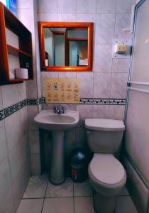 een badkamer met een toilet, een wastafel en een spiegel bij Inkas Hotel Cusco in Cuzco
