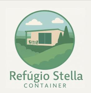 ein kreisförmiges Logo eines Gebäudes in einem Wald in der Unterkunft Kitnet Container - Prática e aconchegante in Brotas