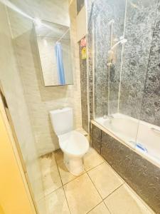 a bathroom with a toilet and a shower and a tub at Vintage Thistle House in Glasgow +16 photos