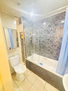 a bathroom with a toilet and a shower and a sink at Vintage Thistle House in Glasgow
