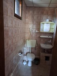 ein Badezimmer mit Toilette und Waschbecken in der Unterkunft Карагьозовата Къща in Kopriwschtiza