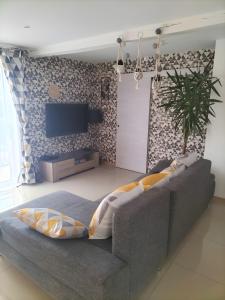 a living room with a couch and a tv at Gite Villarnoux in Beauvilliers