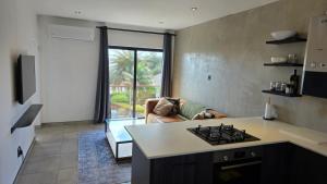 a kitchen and living room with a stove top oven at Modern Sea and Mountain View Apartment - Gordon's Bay in Gordonʼs Bay