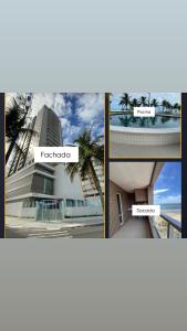 a collage of pictures of a building with a palm tree at Apartamento frente á praia - vista incrível e conforto in Praia Grande
