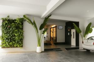 a hallway with a plant on the wall at White Fern Stays Serviced Apartments - Gachibowli in Hyderabad