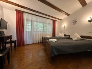 a bedroom with two beds and a desk and a window at Pension Green Park in Braşov +214 photos