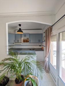 a kitchen with blue cabinets and a table with a plant at 202 - Livingtarifa Dolce Vita in Tarifa