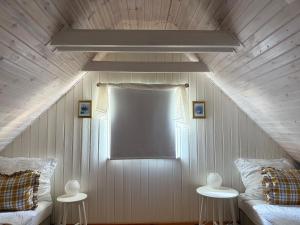 ヴァーチにあるStockholm Vendégházの屋根裏にあるソファとスクリーンのある部屋