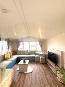 a living room with a couch and a tv at Grand Horizon in Hunmanby